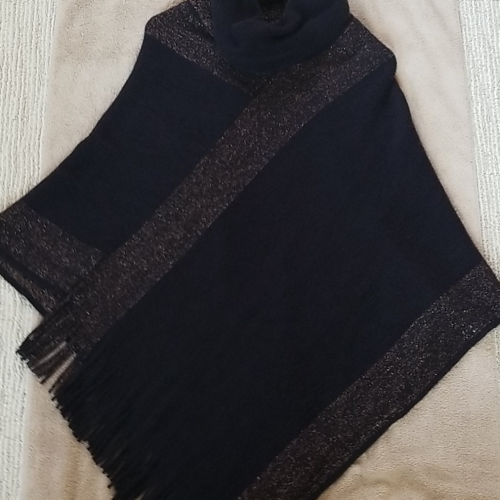 Black Cowl Neck Poncho with Fringe